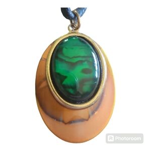Green Paua Shell and Copper Pendant on Leather Cord